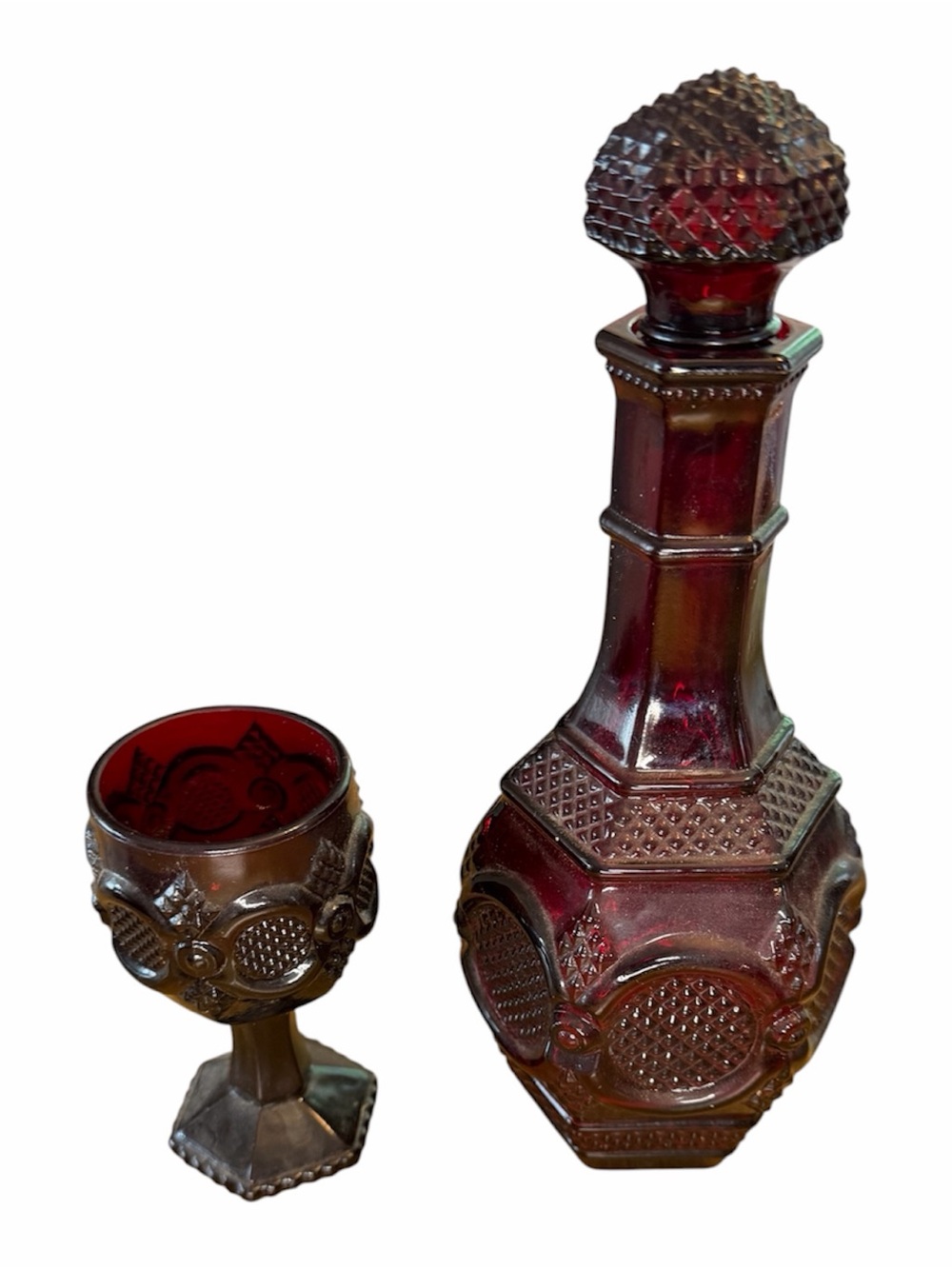 Avon 1876 Cape Cod Collection Wine Decanter in Deep Red Glass and Cup